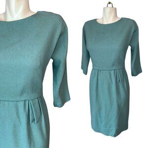 Vtg 60s Mel Naftal Blue Dress Blouson 3/4 Sleeve Secretary Wool Womens Size S/M